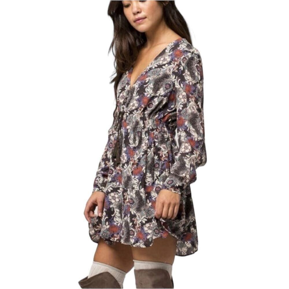 Free People Dark Floral Boho Mini Dress Long Sleeve Tassel Drawstring Pockets M